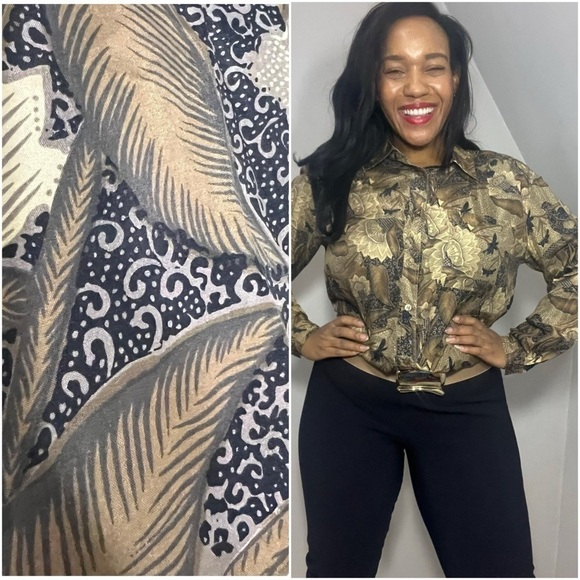 Vintage Boho Top Leaf Print Silk Blouse Eclectic Rare Novelty Print Nature AOP - Picture 3 of 13